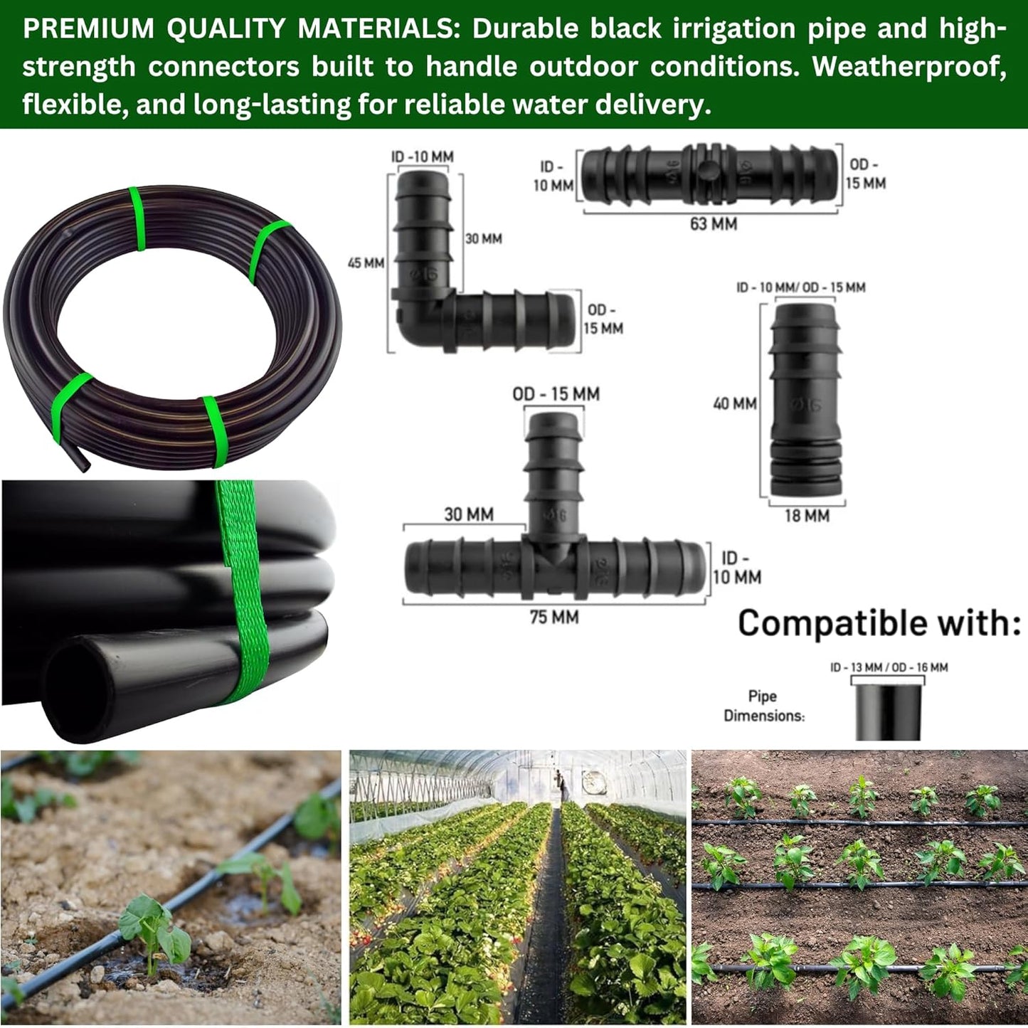 Irrigation Pipe 13mm / 16mm & 26-Pc Fittings Kit – LDPE Garden Watering Hose Set – Heavy Duty UV Resistant Tubing