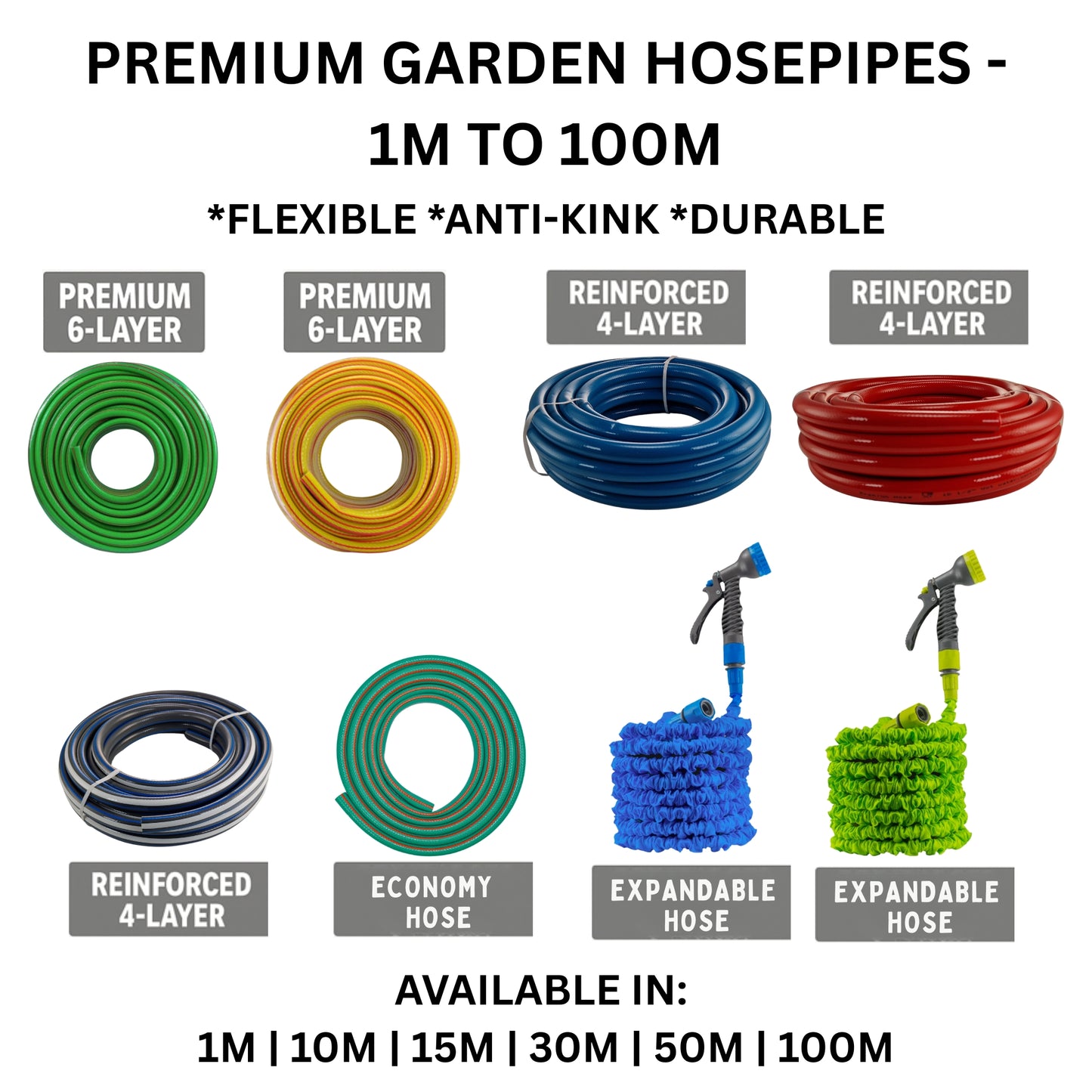 Garden Water Hose Pipe 1M–100M – Economy, Premium, Expandable – 4/6 Layer