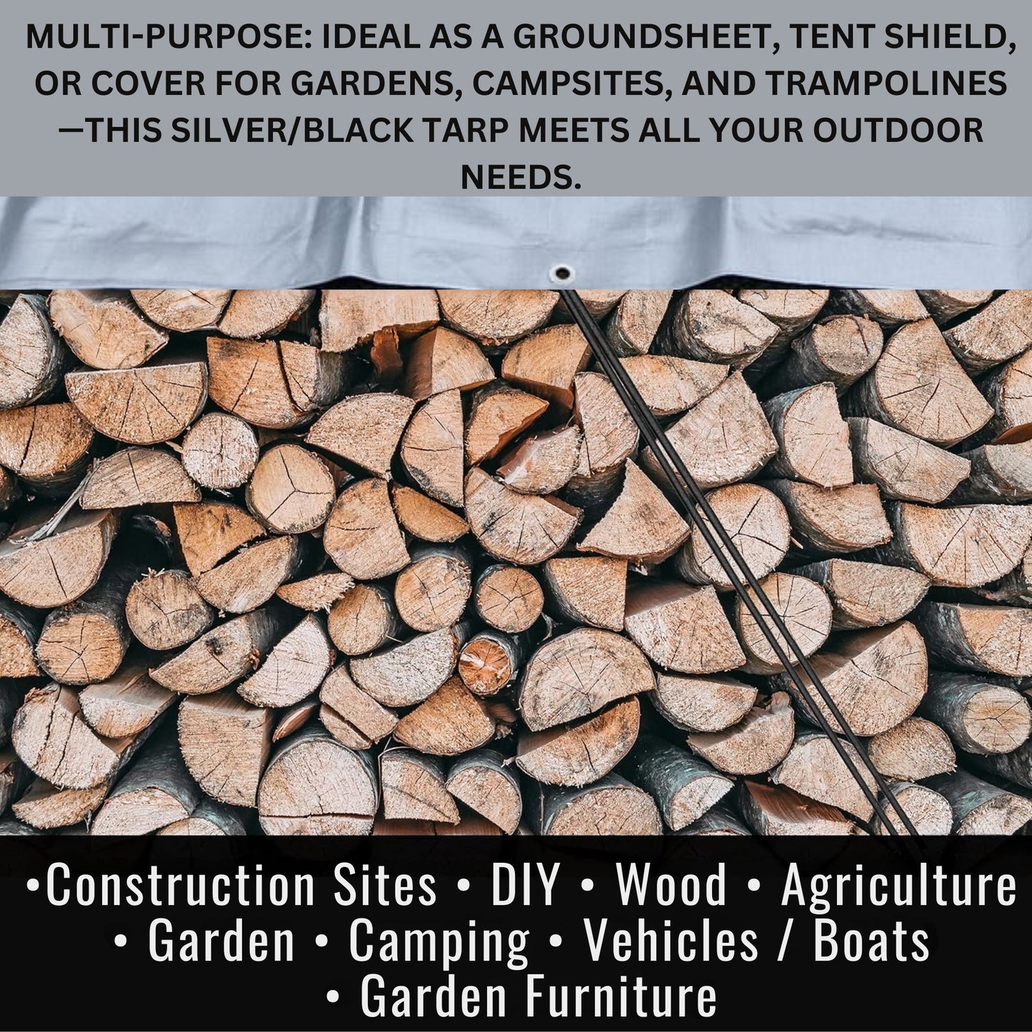 Premium Heavy-Duty Tarpaulin 260 GSM - Waterproof, UV & Frost-Resistant Cover - Versatile for Camping, Garden, Gazebo, Trailer - Silver/Black Sheet with Reinforcement Edge