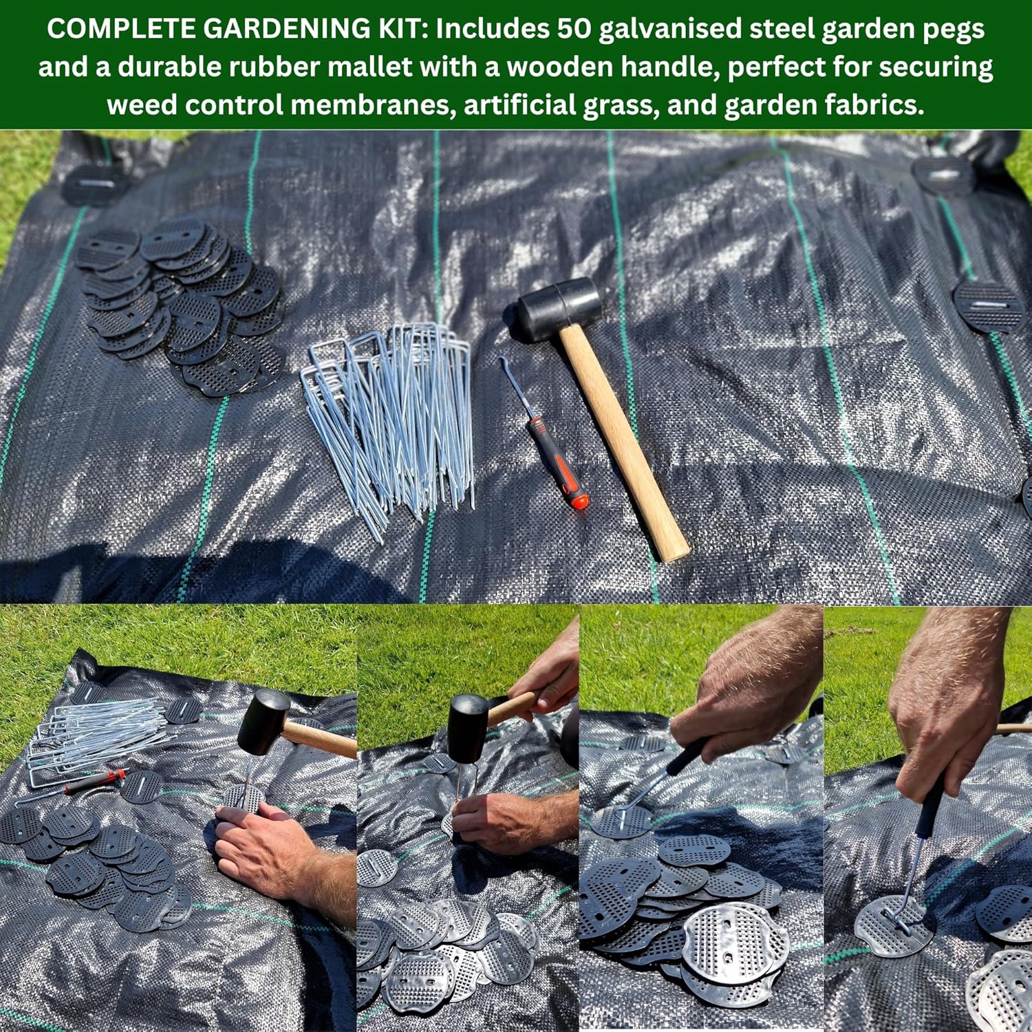 Garden Pegs with Rubber Mallet - 50 Pack Heavy Duty Galvanised Steel U-Shaped Ground Staples for Securing Weed Membrane, Artificial Grass, Fencing | Includes Hooks, Washers & Mallet