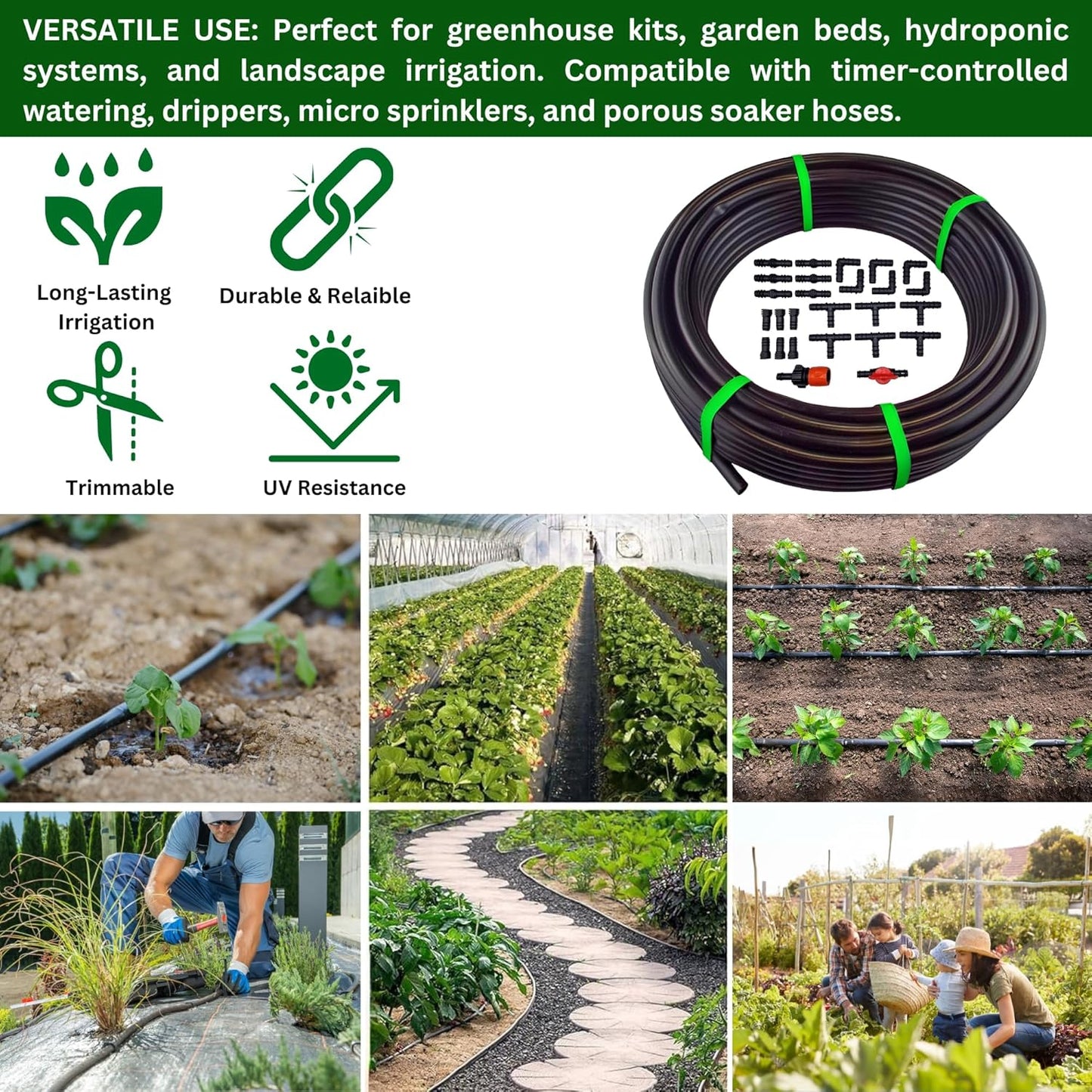 Irrigation Pipe 13mm / 16mm & 26-Pc Fittings Kit – LDPE Garden Watering Hose Set – Heavy Duty UV Resistant Tubing