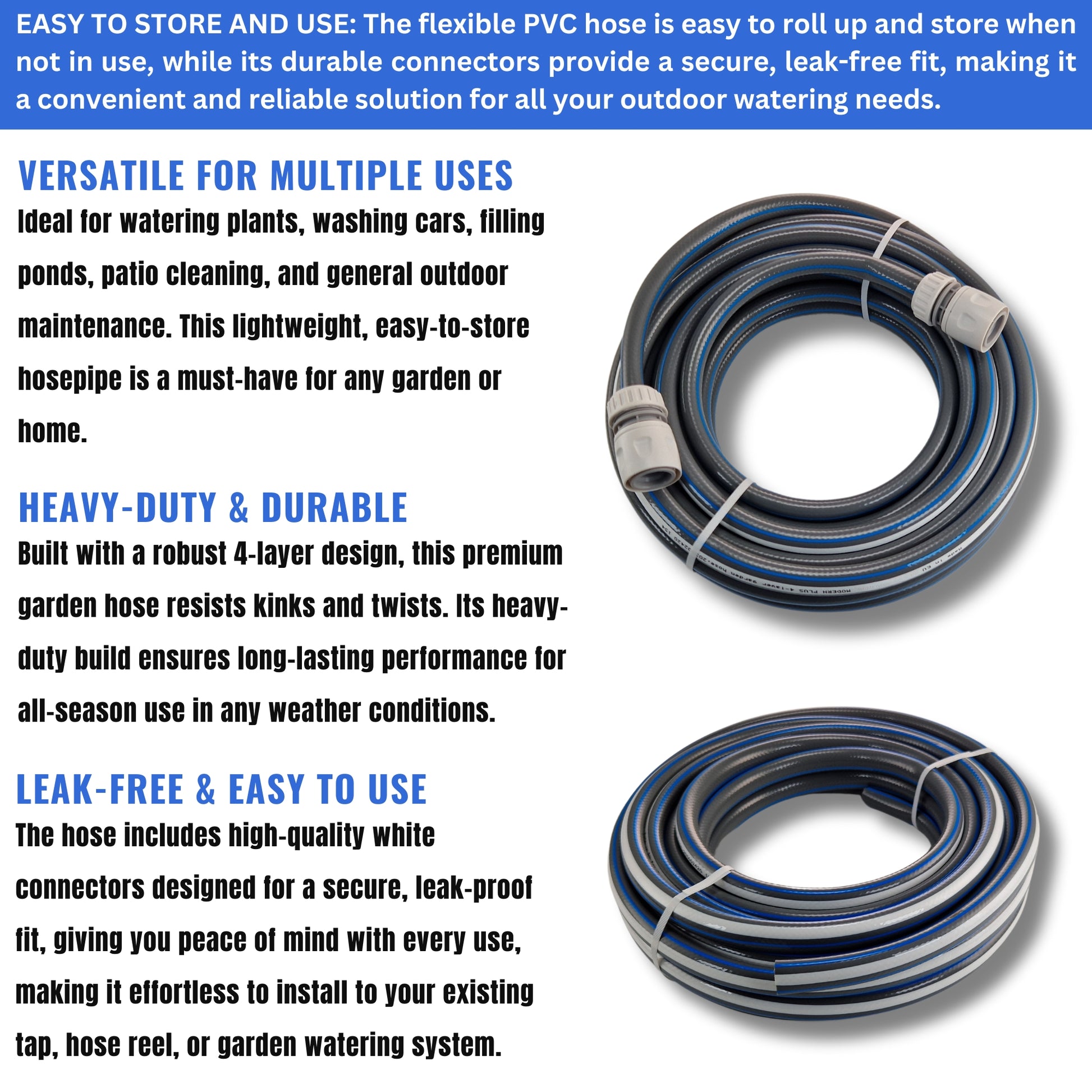 Garden Hose – 4-Layer Flexible Hose Pipe with 2 Universal Hose Connectors – Kink-Resistant, UV-Protected, Durable PVC Watering Hose for Garden, Car Wash & Outdoor Use
