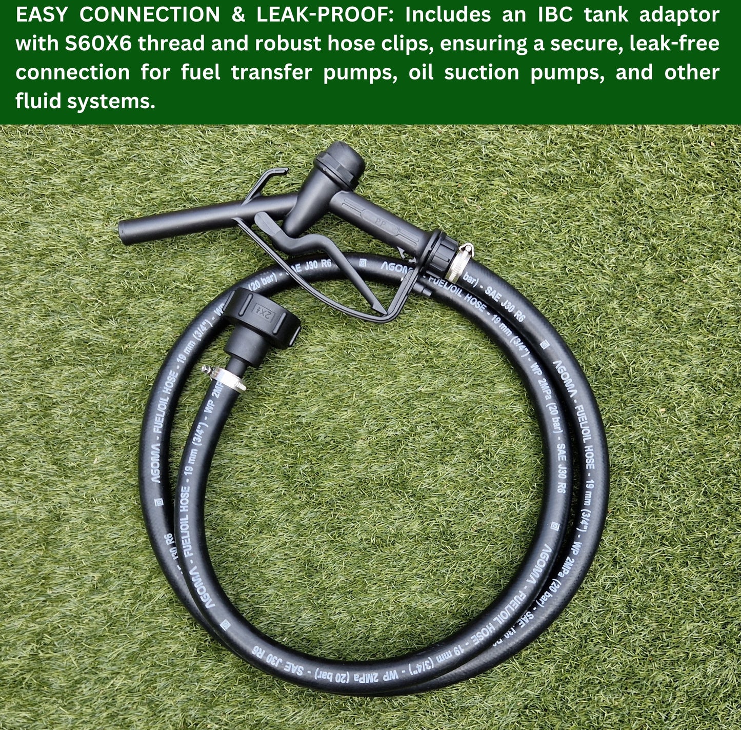 Fuel Gun & 2M Rubber Hose Set with IBC Tank Adaptor | 25mm Nozzle 19mm ID Hose SAE J30R6 Certified | Compatible with Diesel AdBlue, Oil, Petrol | Ideal for Fuel Transfer, Pumps & Refuelling
