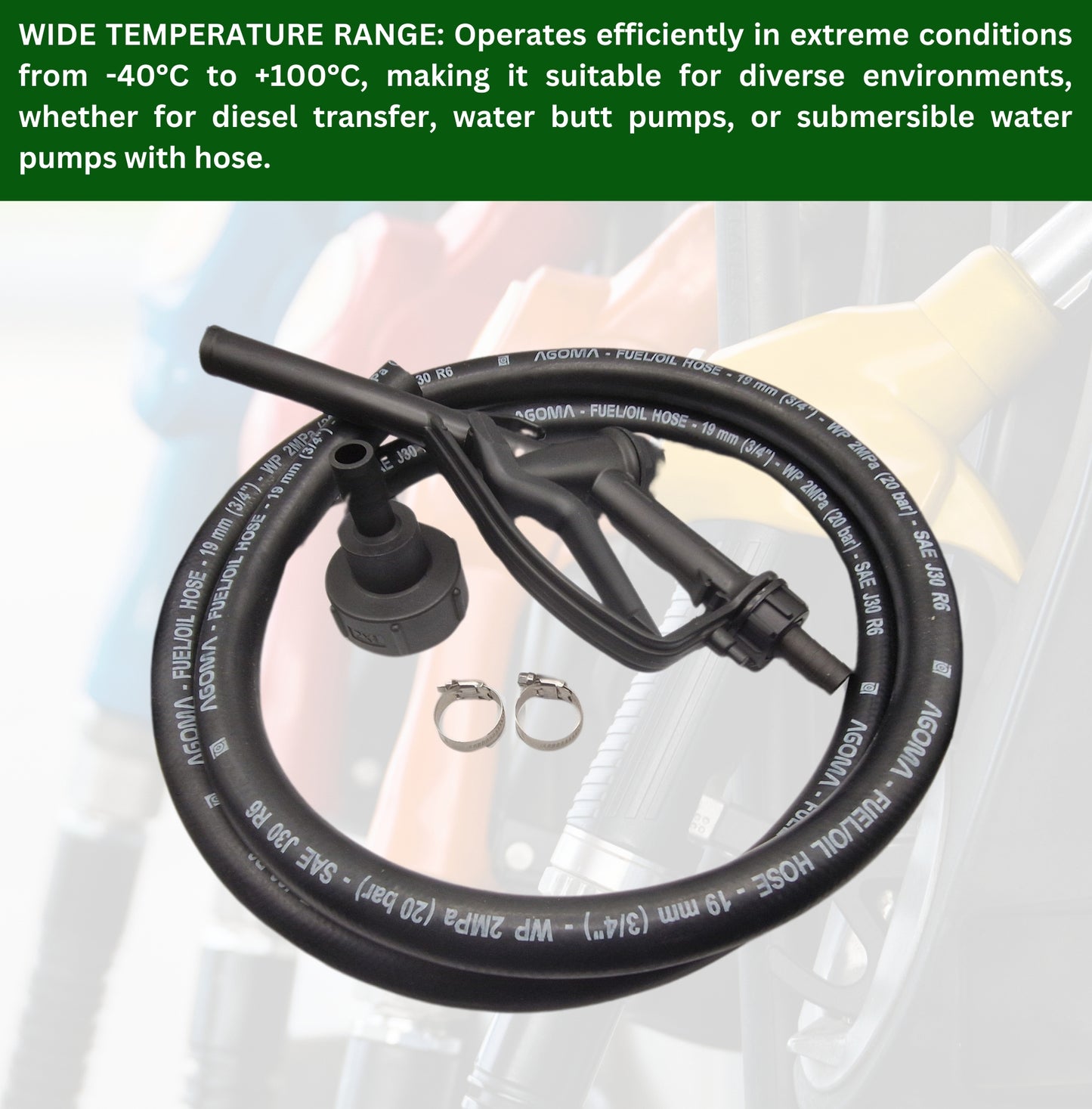 Fuel Gun & 2M Rubber Hose Set with IBC Tank Adaptor | 25mm Nozzle 19mm ID Hose SAE J30R6 Certified | Compatible with Diesel AdBlue, Oil, Petrol | Ideal for Fuel Transfer, Pumps & Refuelling