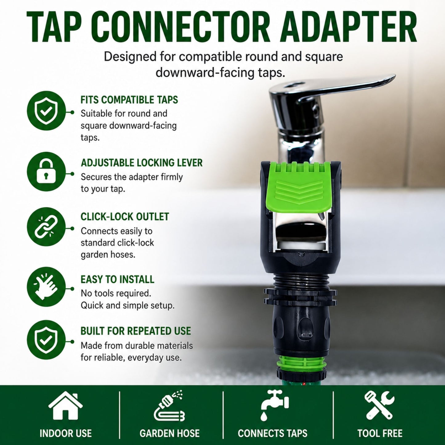 Tap Connector Adapter for Round & Square Taps | Adjustable Click-Lock Hose Fitting with 1/2" & 5/8" Female Connector