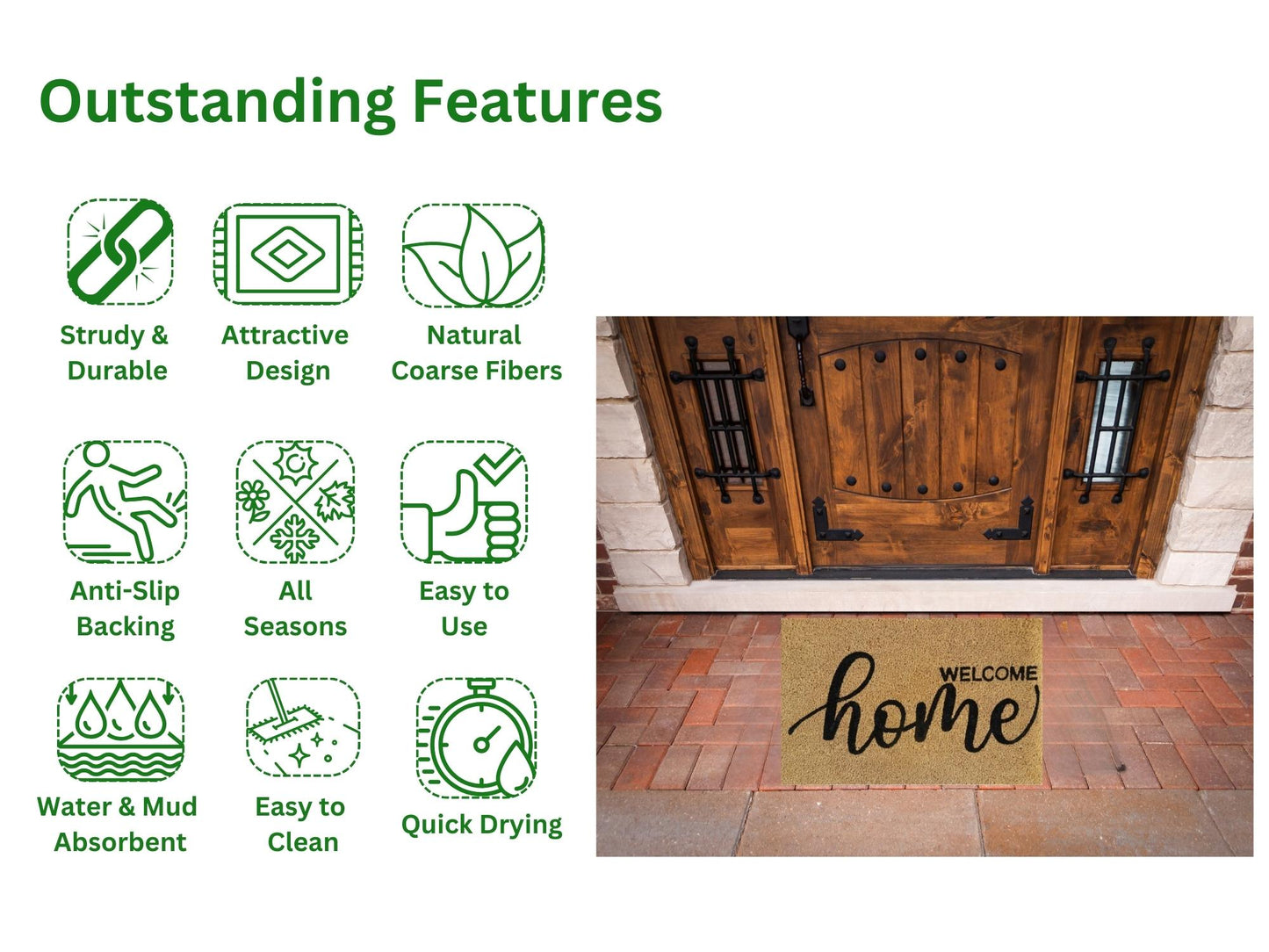 Coir Door Mat (60x40cm) - Non-Slip & Absorbent, Indoor/Outdoor, Eco-Friendly