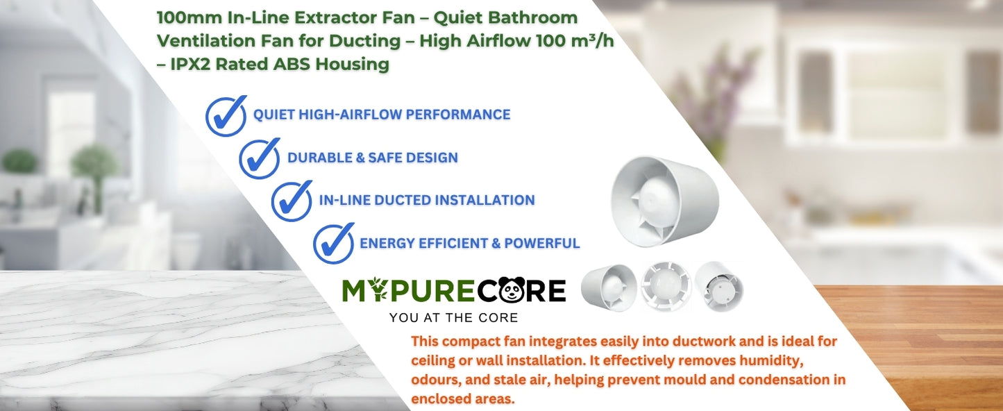 Quiet 100mm In-Line Extractor Fan – High Airflow Bathroom Ventilation Fan for Ducting, 100 m³/h, IPX2 Rated, Durable ABS Housing – Perfect for Toilet, Kitchen, Home & Office