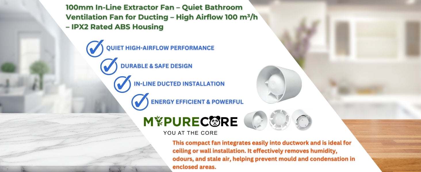 Quiet 100mm In-Line Extractor Fan – High Airflow Bathroom Ventilation Fan for Ducting, 100 m³/h, IPX2 Rated, Durable ABS Housing – Perfect for Toilet, Kitchen, Home & Office