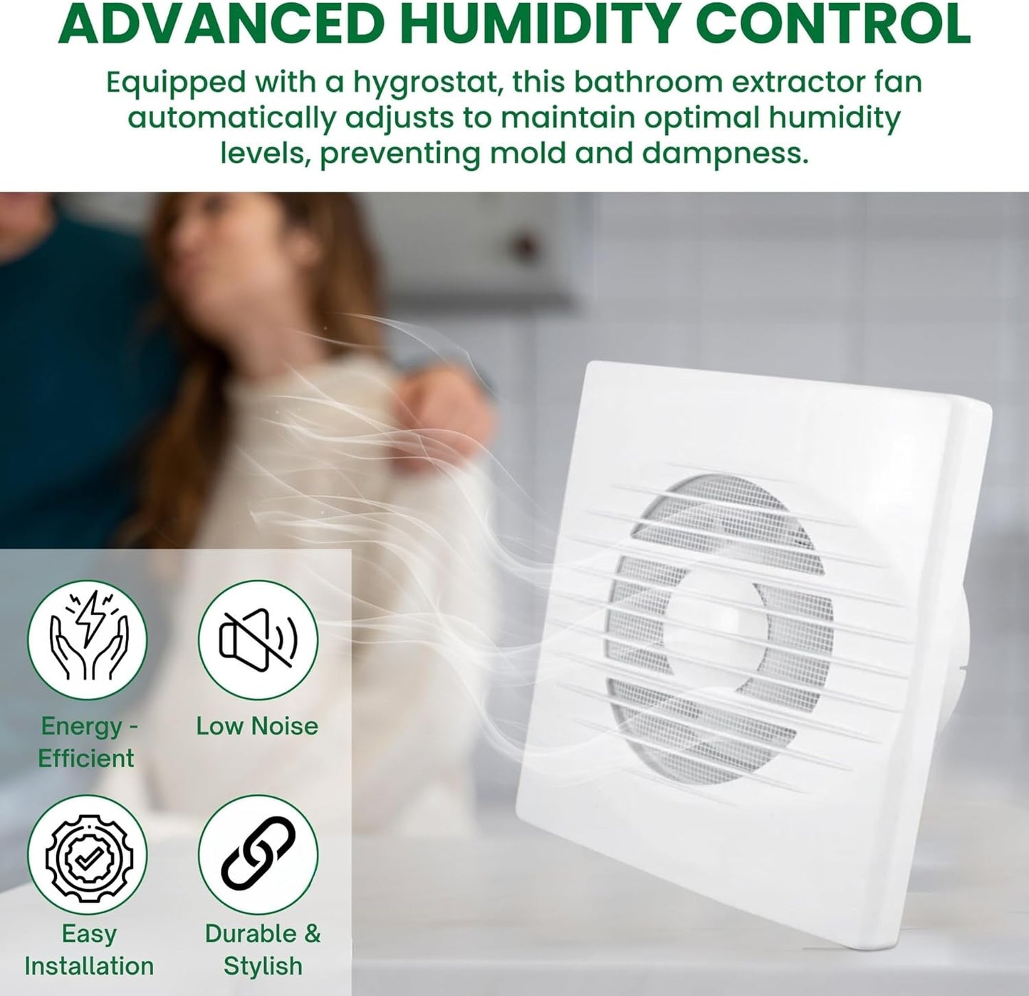 Through Wall Bathroom Ventilation Kit – 100mm Extractor Fan with Timer, Humidistat, 50cm PVC Duct & Louvre Vent – Quiet Ventilation for Toilet, Kitchen, Home & Office