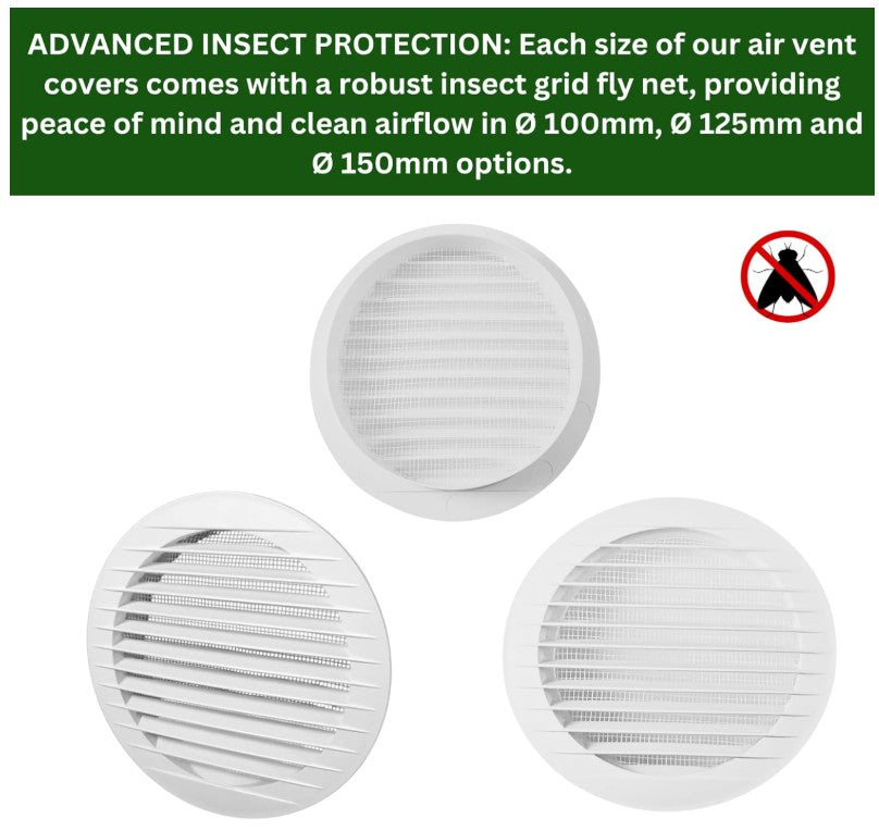 White Circular Ventilation Grille with Flyscreen - Round Air Vent 100mm – 4 inch Rear Spigot