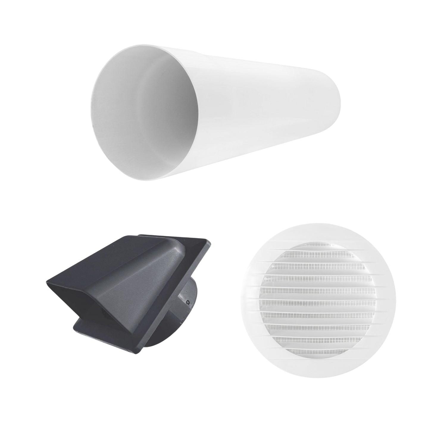 Through Wall Ventilation Kit – Round Louvre Vent with Fly Mesh, 50cm Rigid Duct Pipe & White External Hooded Cover with Damper – Durable Wall Air Vent for Bathroom, Kitchen & Home Use