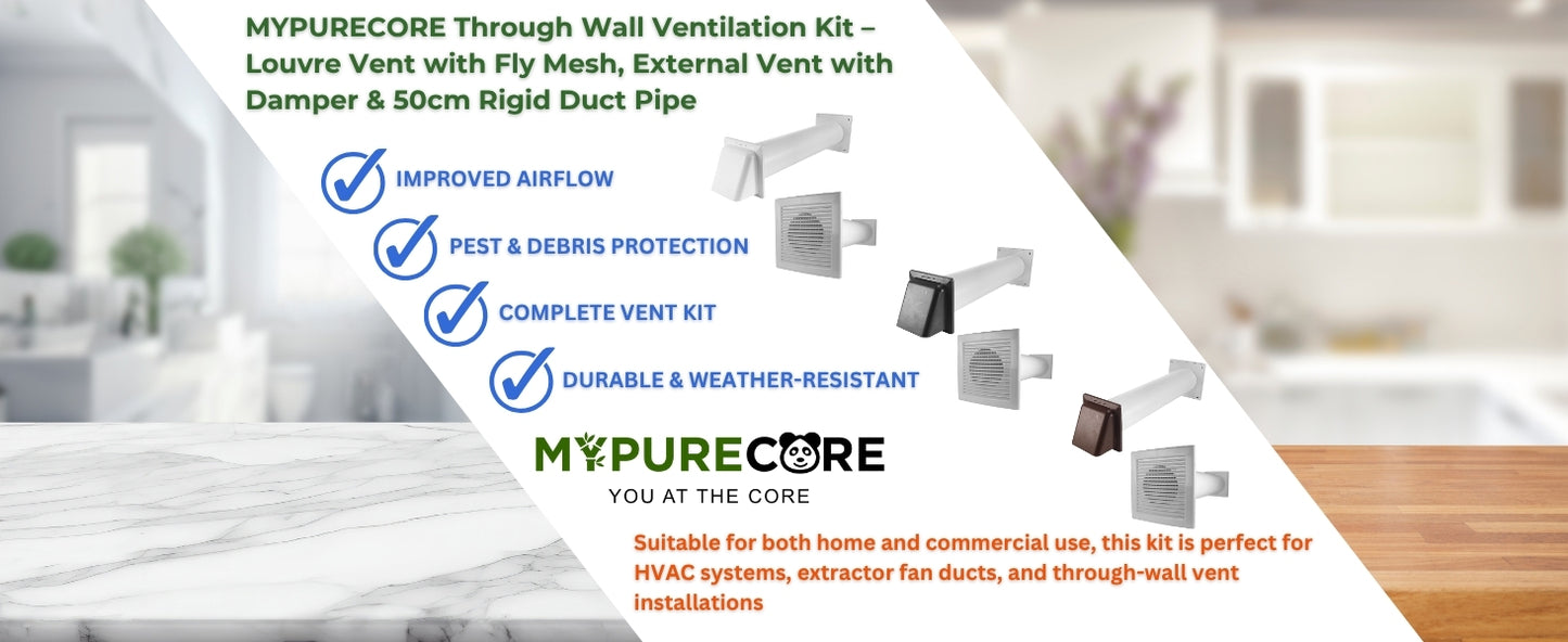 Through Wall Ventilation Kit – Louvre Vent with Fly Mesh, External Vent with Damper & 50cm Rigid Duct Pipe – Air Vent Cover for Bathroom, Kitchen, Home & Commercial Use