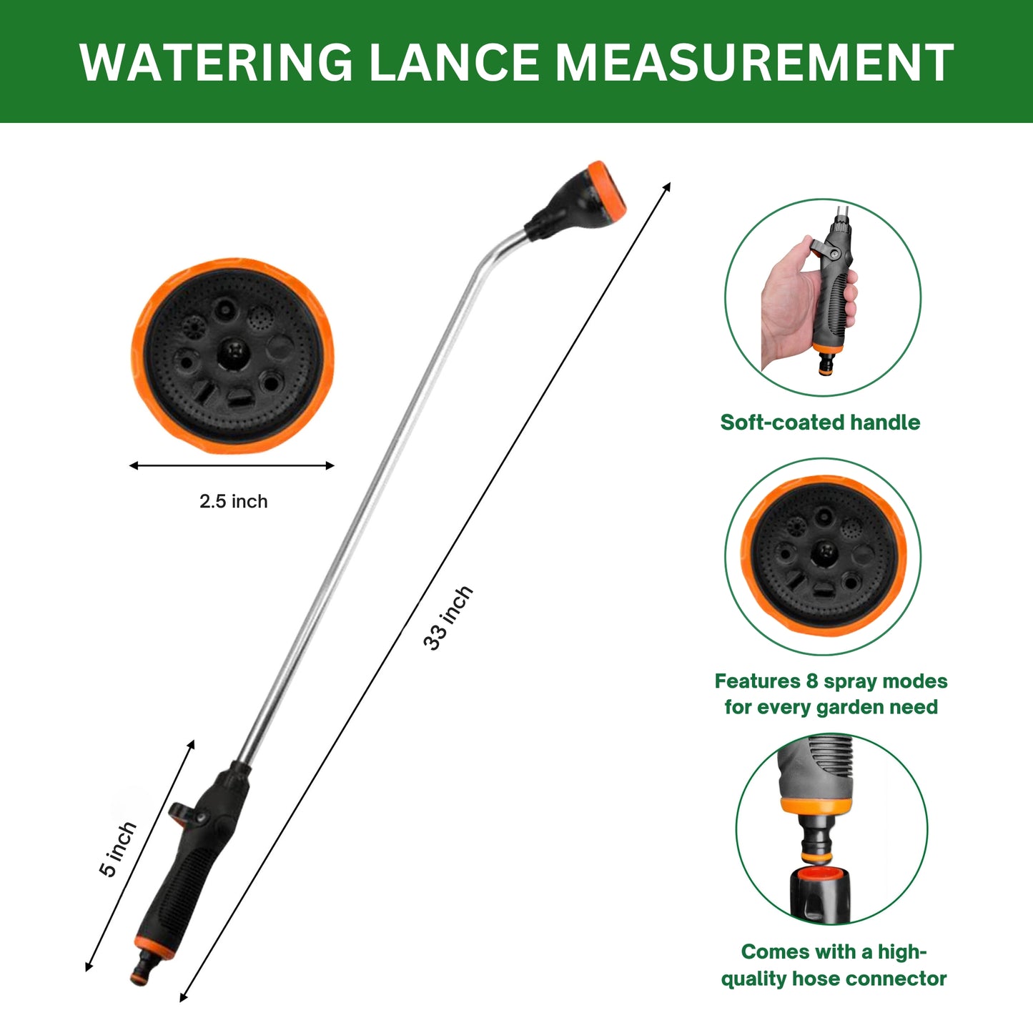 8-Function Heavy Duty Metal Watering Lance 83cm - Telescopic Long Reach Sprayer, Multi Jet Nozzle for Lawn, Garden, Car Wash & Hanging Baskets - Includes Premium Hose Connector