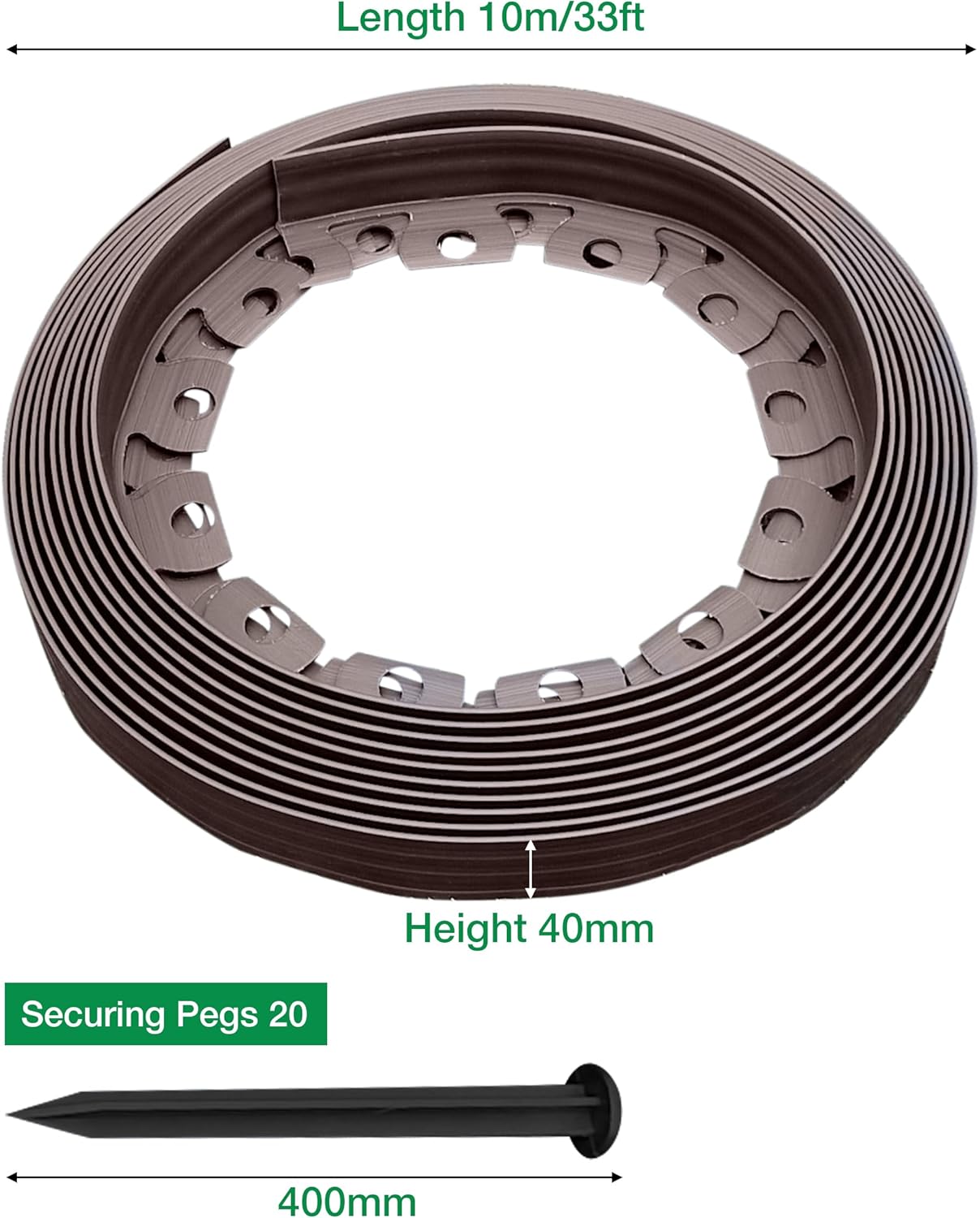 10m of Flexible Brown Garden Edging Border - Complete with 20 Securing Pegs for Perfect Flower Beds, Lawns, and Pavement Design (40mm High)
