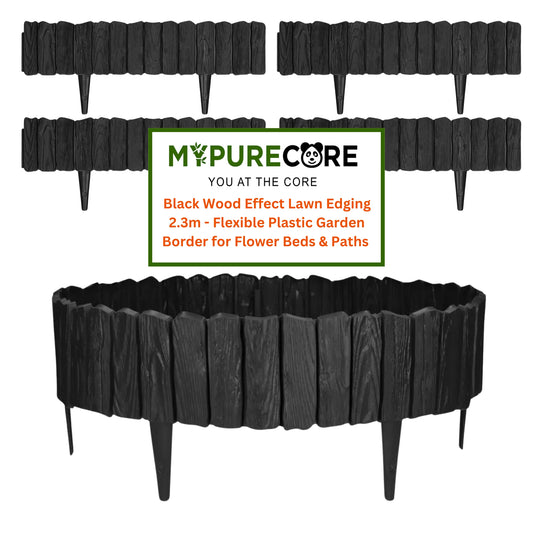 Black Wood Effect Lawn Edging 2.3m - Flexible Plastic Garden Border for Flower Beds & Paths | Weather-Resistant & Recyclable Palisade | Easy Install Edging for Grass, Gravel & Landscape