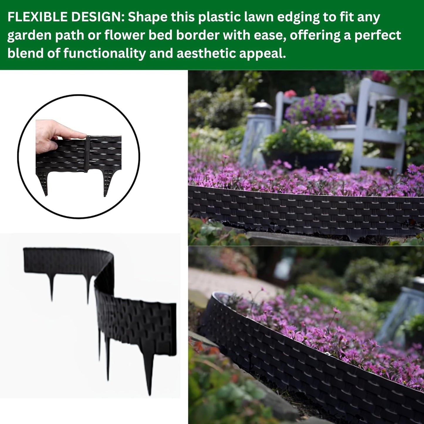 Black, Gray, Brown Rattan Effect Lawn Edging 2.4m - Flexible Plastic Garden Border for Flower Beds & Paths | Weather-Resistant & Recyclable Palisade | Easy Install Edging for Grass, Gravel & Landscape
