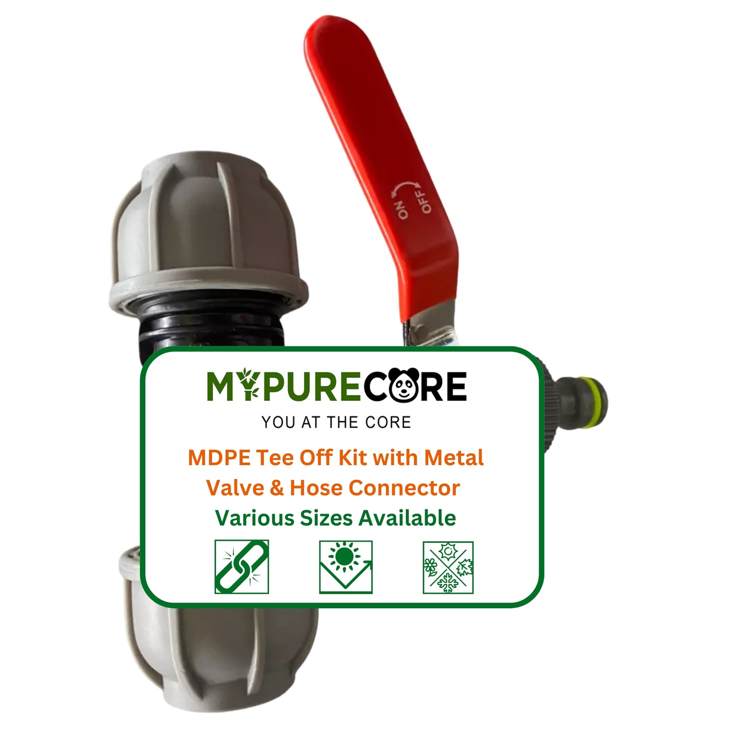 MDPE Tee-Off with Full Flow Metal Valve & Universal Hose Connector – 20mm / 25mm / 32mm