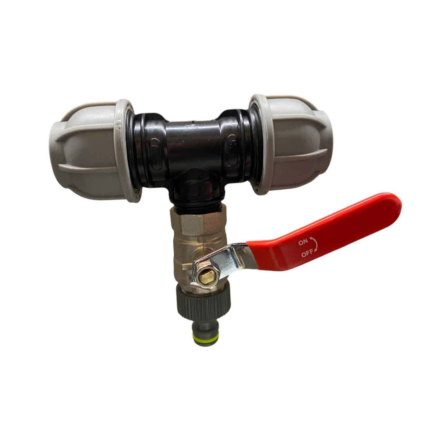MDPE Tee-Off with Full Flow Metal Valve & Universal Hose Connector – 20mm / 25mm / 32mm