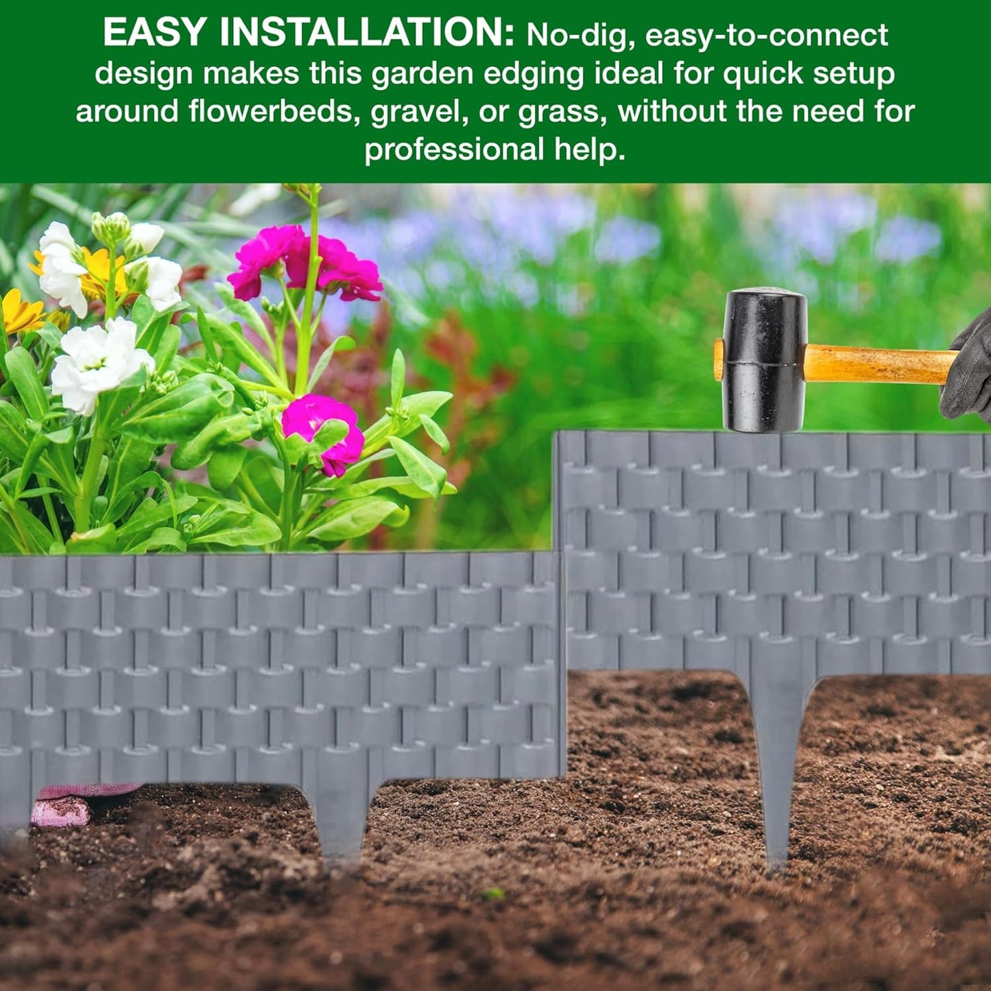 Black, Gray, Brown Rattan Effect Lawn Edging 2.4m - Flexible Plastic Garden Border for Flower Beds & Paths | Weather-Resistant & Recyclable Palisade | Easy Install Edging for Grass, Gravel & Landscape