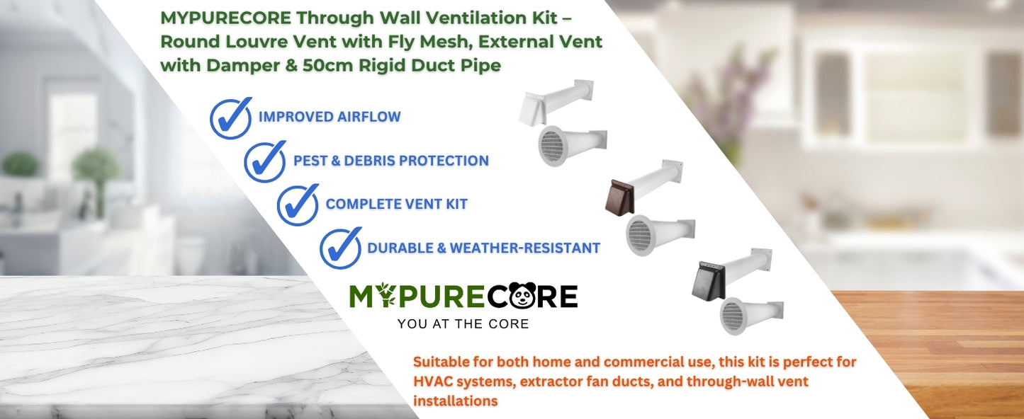 Through Wall Ventilation Kit – Round Louvre Vent with Fly Mesh, 50cm Rigid Duct Pipe & White External Hooded Cover with Damper – Durable Wall Air Vent for Bathroom, Kitchen & Home Use