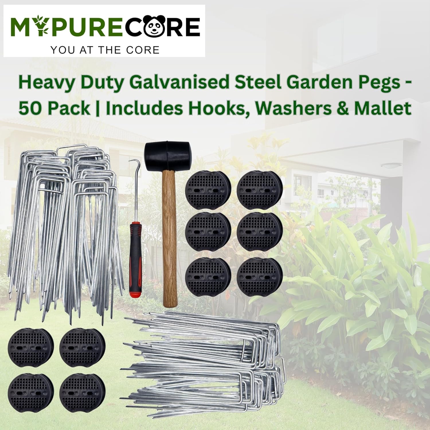 Garden Pegs with Rubber Mallet - 50 Pack Heavy Duty Galvanised Steel U-Shaped Ground Staples for Securing Weed Membrane, Artificial Grass, Fencing | Includes Hooks, Washers & Mallet