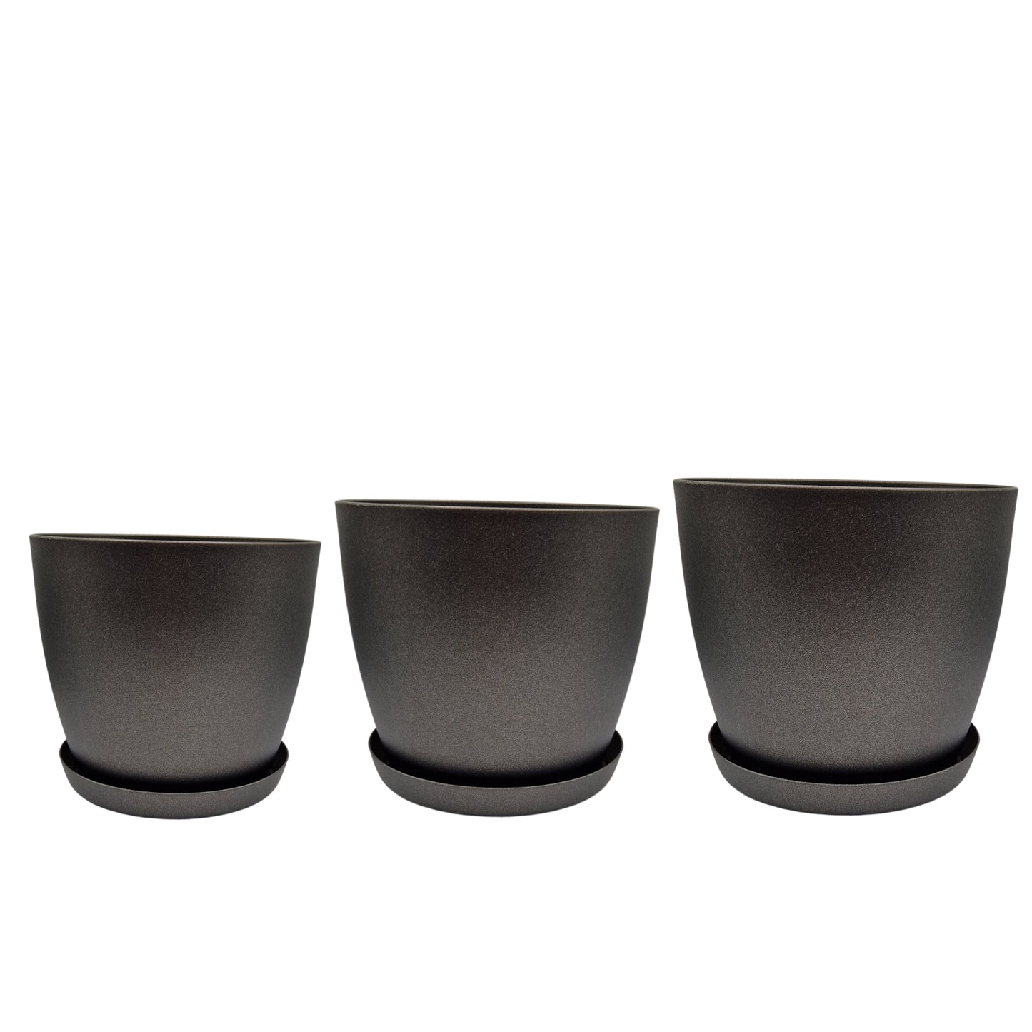Set of 3 Plant Pots Indoor with Saucers – Matte Plastic Flower Pots (20cm, 18cm, 16cm) – Durable Indoor & Outdoor Planters for House Plants, Herbs & Succulents, Black Graphite