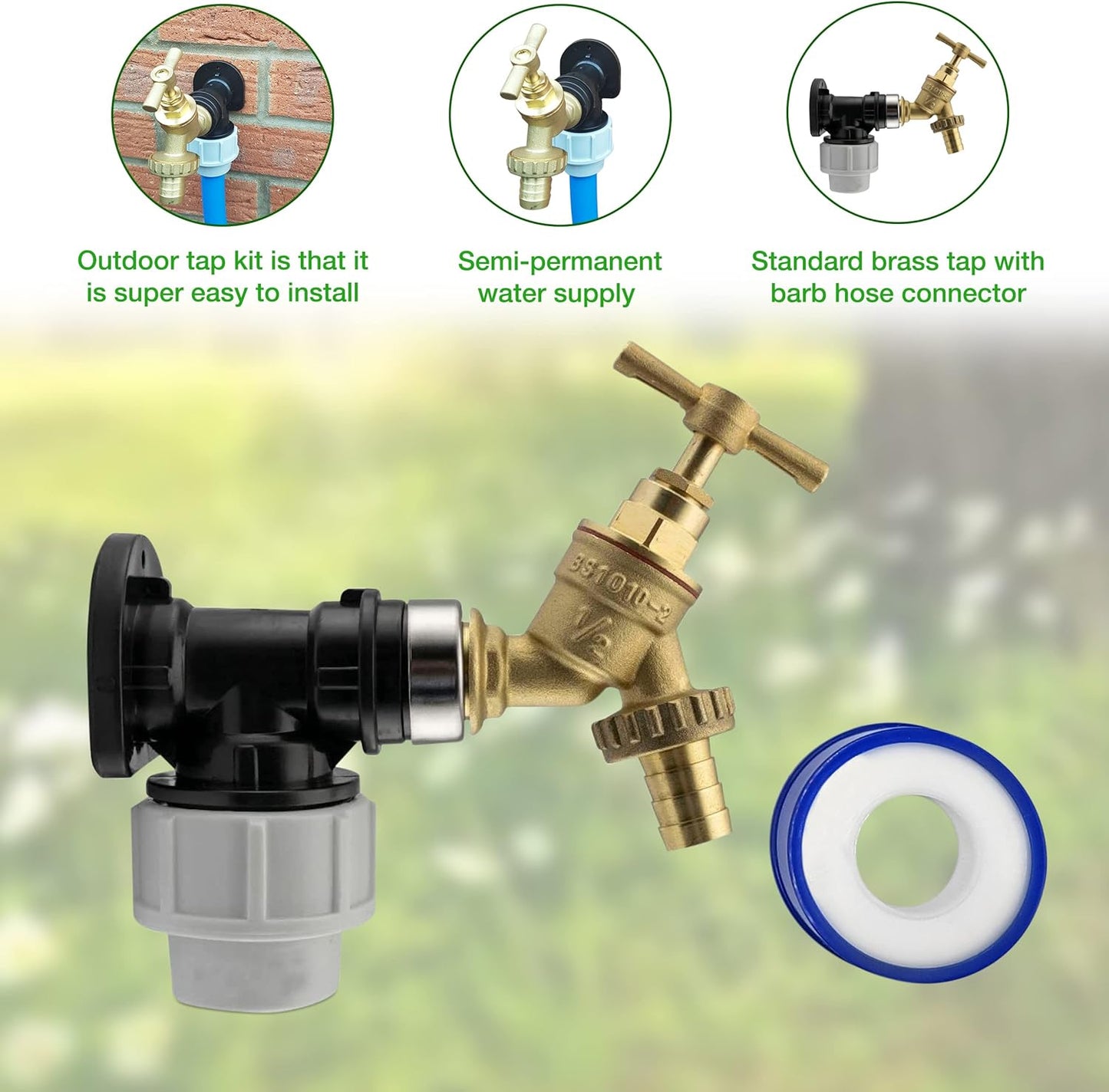 20mm MDPE Wall Flange Kit 3/4" Brass Garden Tap + Click-Lock Hose Fitting PTFE