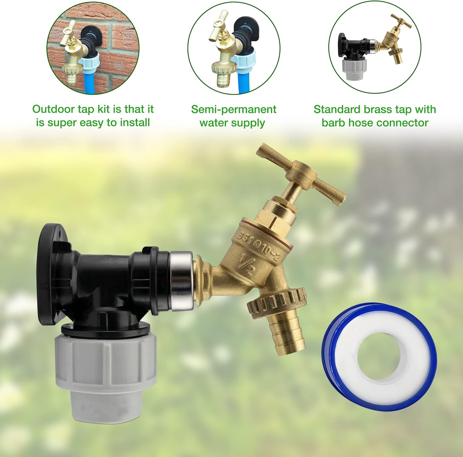 20mm MDPE Wall Flange Kit 3/4" Brass Garden Tap + Click-Lock Hose Fitting PTFE