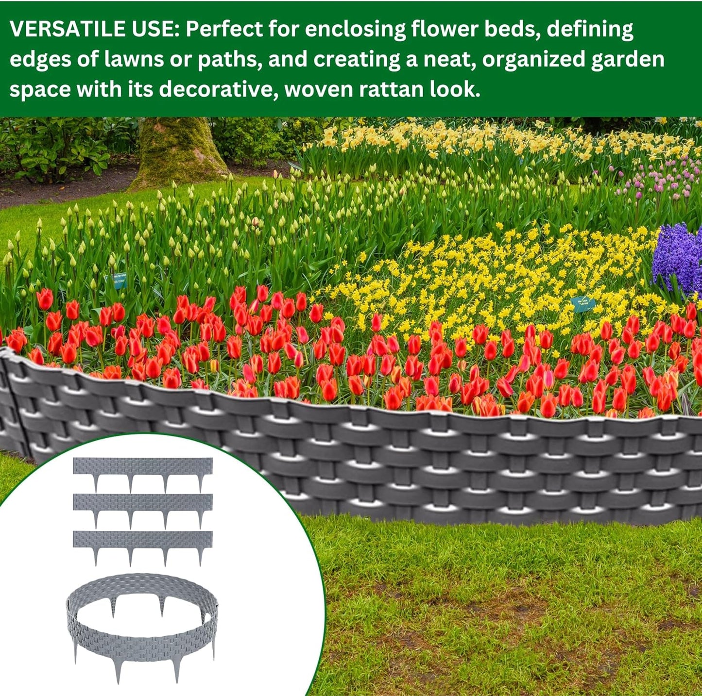 Black, Gray, Brown Rattan Effect Lawn Edging 2.4m - Flexible Plastic Garden Border for Flower Beds & Paths | Weather-Resistant & Recyclable Palisade | Easy Install Edging for Grass, Gravel & Landscape