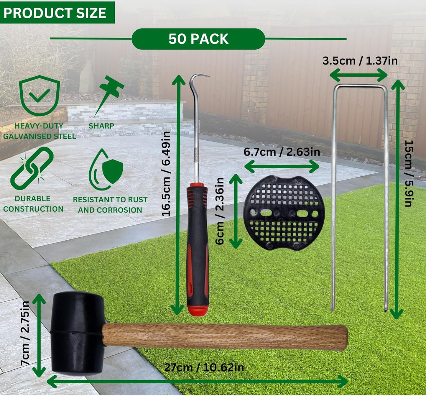 Garden Pegs with Rubber Mallet - 50 Pack Heavy Duty Galvanised Steel U-Shaped Ground Staples for Securing Weed Membrane, Artificial Grass, Fencing | Includes Hooks, Washers & Mallet