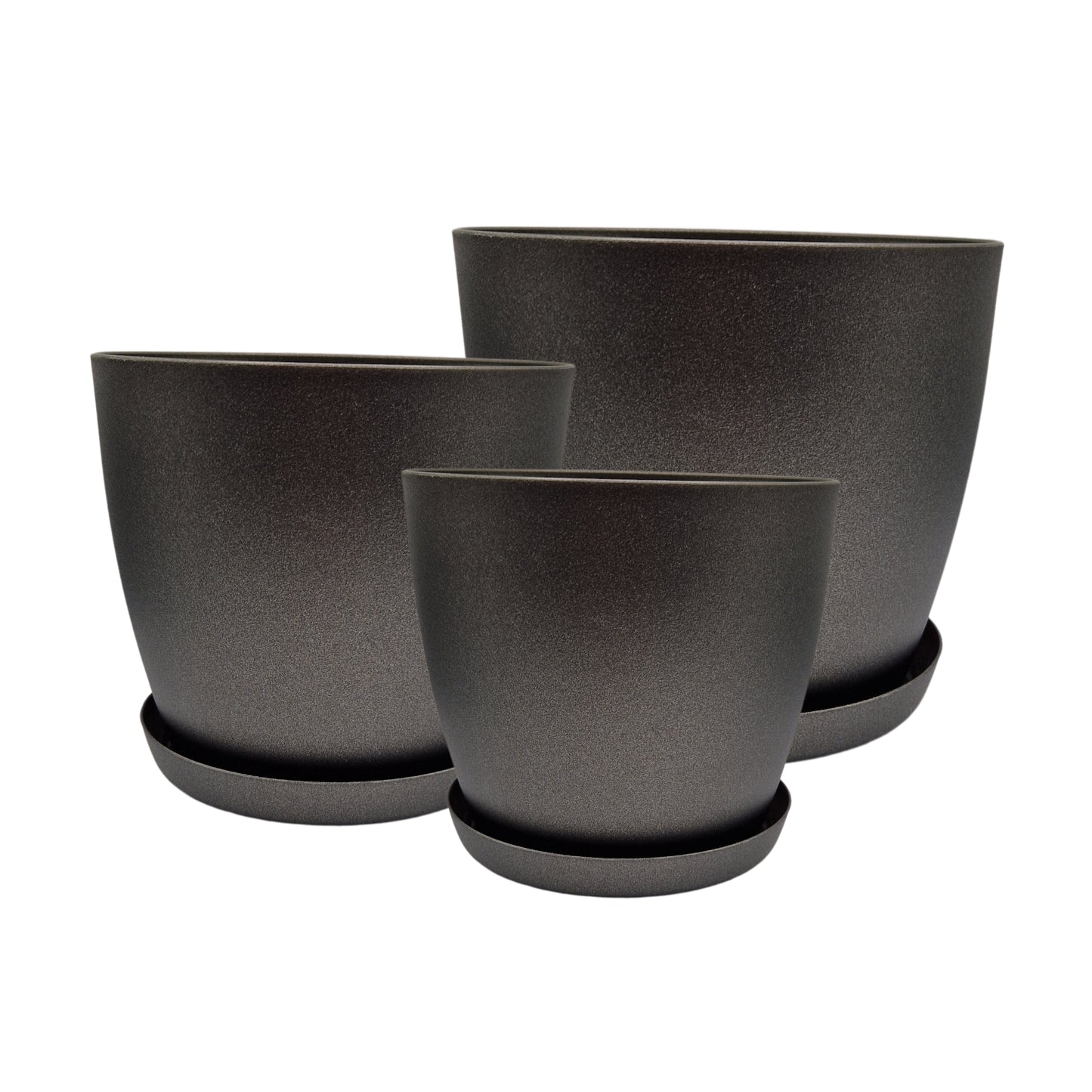 Set of 3 Plant Pots Indoor with Saucers – Matte Plastic Flower Pots (20cm, 18cm, 16cm) – Durable Indoor & Outdoor Planters for House Plants, Herbs & Succulents, Black Graphite