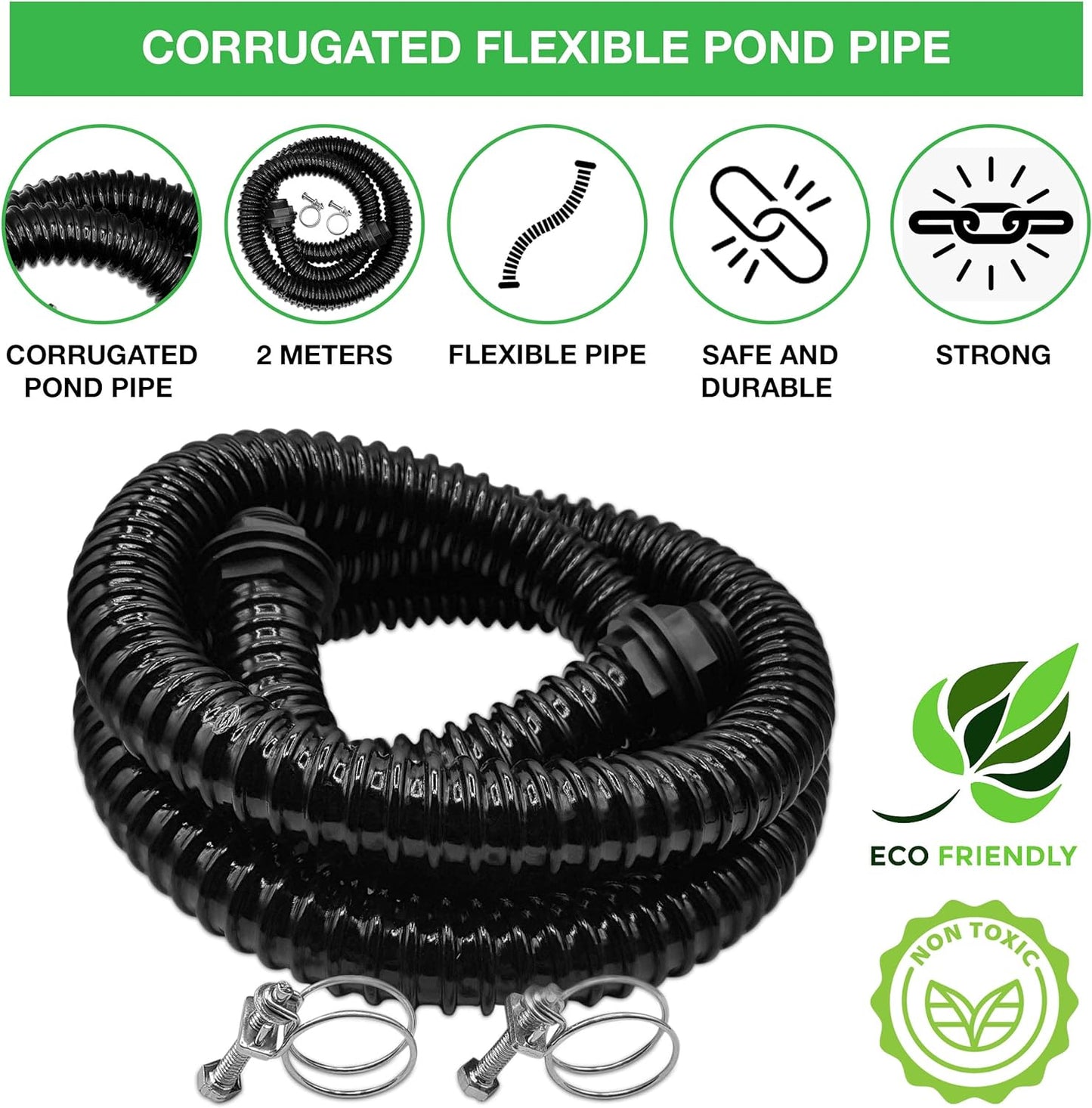Premium Corrugated Flexible Hose Pond Pipe Set 25mm / 1"– 2-Meter with 2 Double-Wired Hose Clips and 2 Heavy Duty Plastic Barbed Water Butt Tank Outlet Connectors Pipe - Black