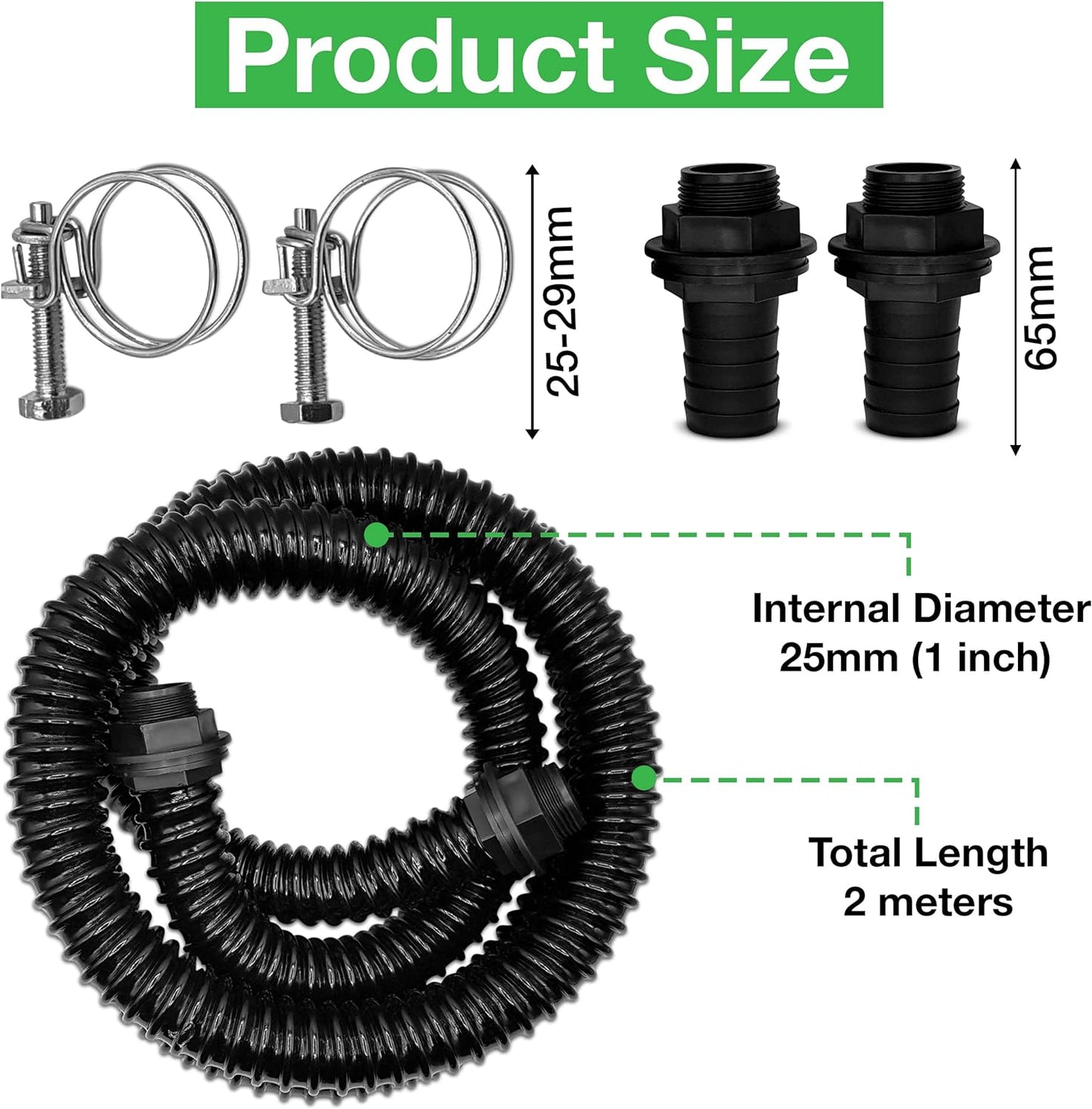 Premium Corrugated Flexible Hose Pond Pipe Set 25mm / 1"– 2-Meter with 2 Double-Wired Hose Clips and 2 Heavy Duty Plastic Barbed Water Butt Tank Outlet Connectors Pipe - Black