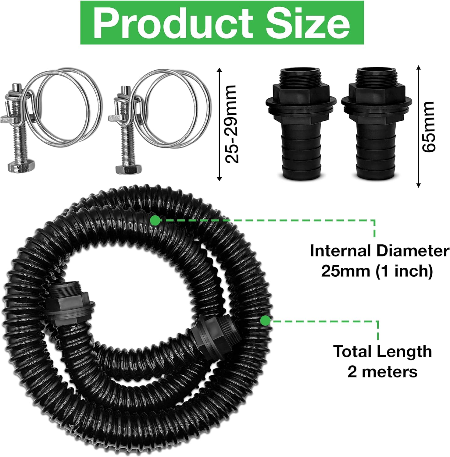 Premium Corrugated Flexible Hose Pond Pipe Set 25mm / 1"– 2-Meter with 2 Double-Wired Hose Clips and 2 Heavy Duty Plastic Barbed Water Butt Tank Outlet Connectors Pipe - Black