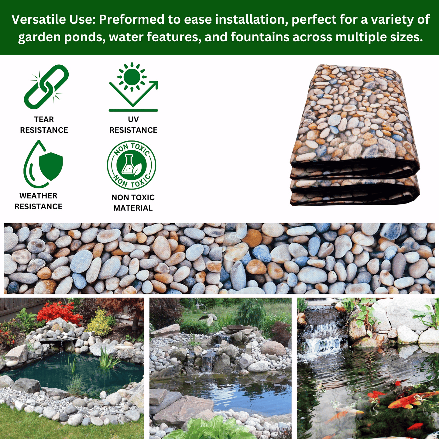 Heavy-Duty 300GSM Pond Liner - Premium HDPE Liner with Pebble Design for Ponds, Waterfalls & Fountains – UV & Tear Resistant, Ideal for Garden Koi Ponds & Water Features