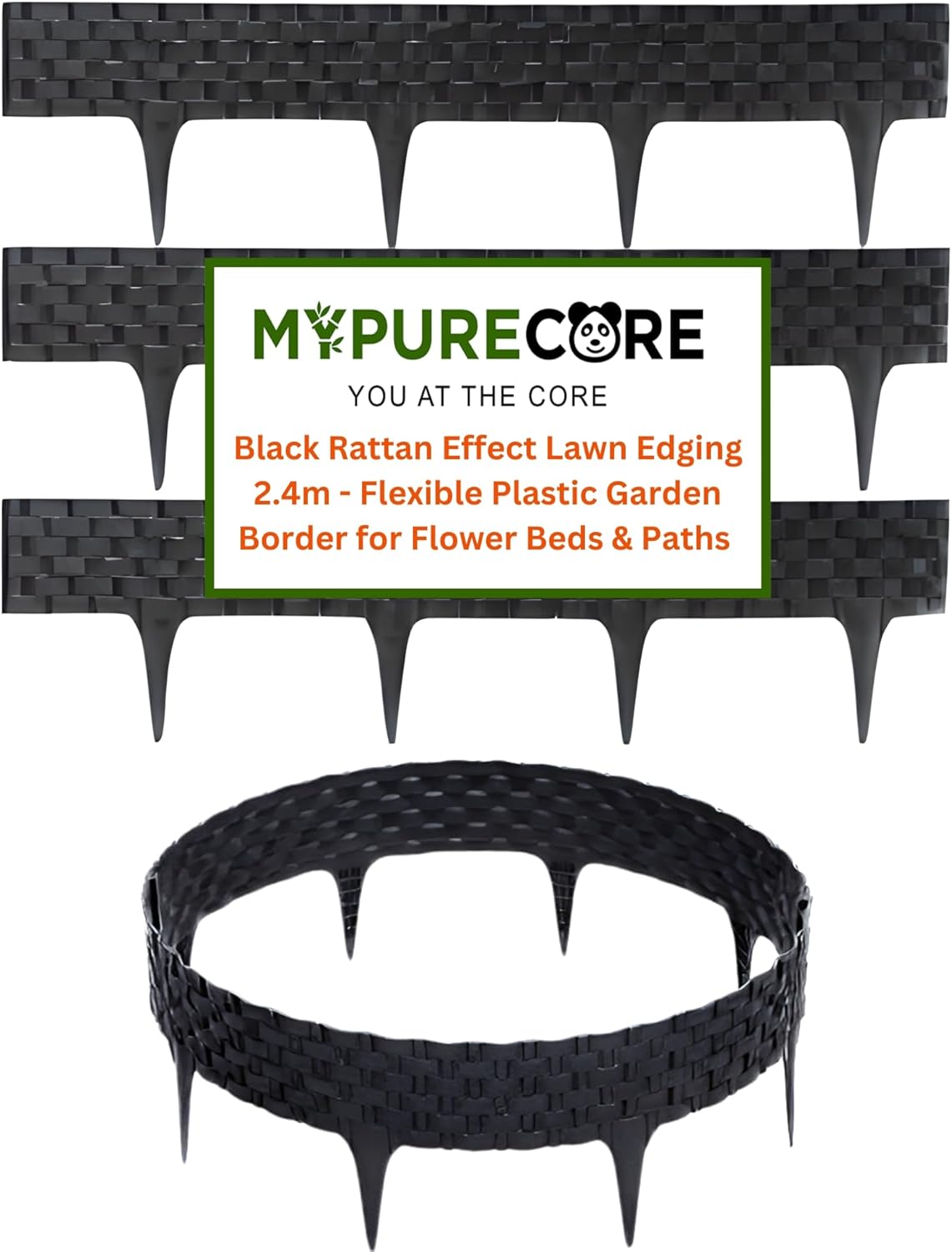 Black, Gray, Brown Rattan Effect Lawn Edging 2.4m - Flexible Plastic Garden Border for Flower Beds & Paths | Weather-Resistant & Recyclable Palisade | Easy Install Edging for Grass, Gravel & Landscape