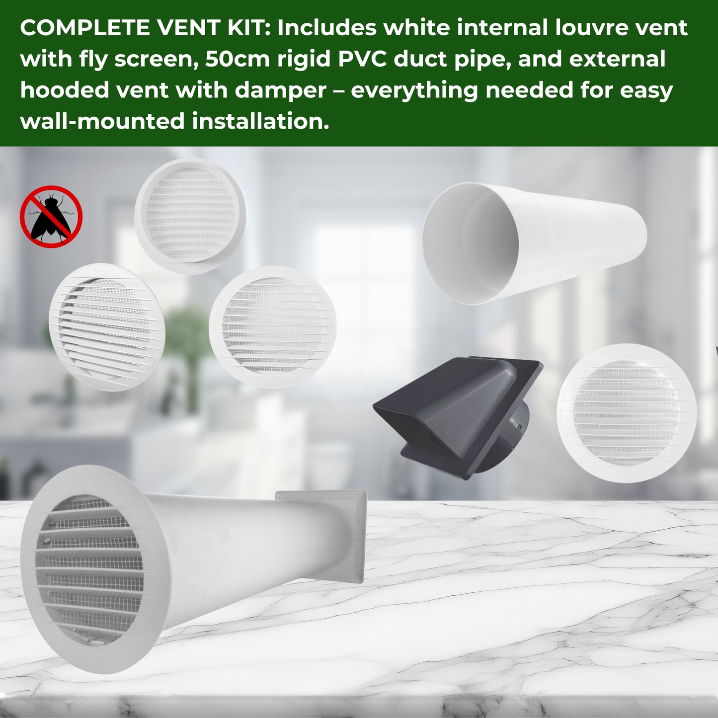 Through Wall Ventilation Kit – Round Louvre Vent with Fly Mesh, 50cm Rigid Duct Pipe & White External Hooded Cover with Damper – Durable Wall Air Vent for Bathroom, Kitchen & Home Use