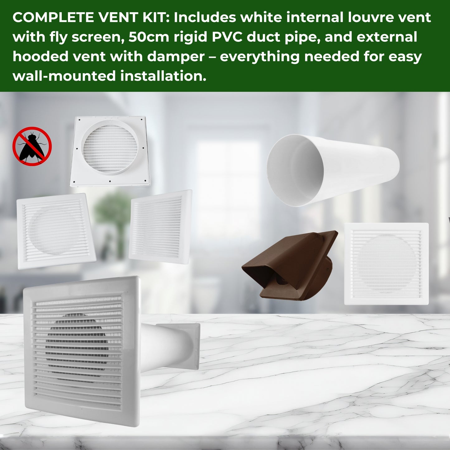 Through Wall Ventilation Kit – Louvre Vent with Fly Mesh, External Vent with Damper & 50cm Rigid Duct Pipe – Air Vent Cover for Bathroom, Kitchen, Home & Commercial Use