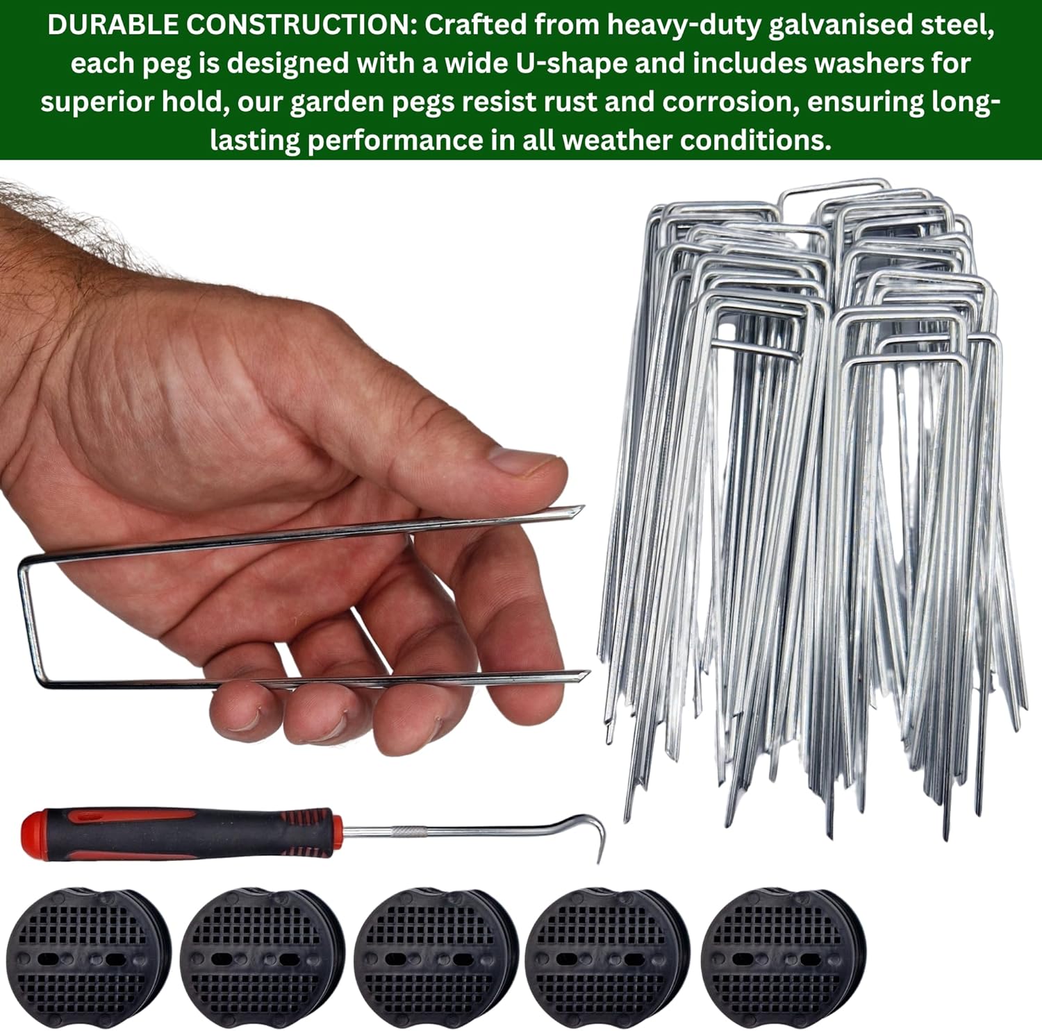 Garden Pegs with Rubber Mallet - 50 Pack Heavy Duty Galvanised Steel U-Shaped Ground Staples for Securing Weed Membrane, Artificial Grass, Fencing | Includes Hooks, Washers & Mallet