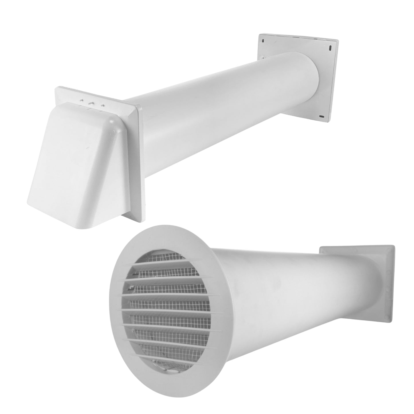 Through Wall Ventilation Kit – Round Louvre Vent with Fly Mesh, 50cm Rigid Duct Pipe & White External Hooded Cover with Damper – Durable Wall Air Vent for Bathroom, Kitchen & Home Use
