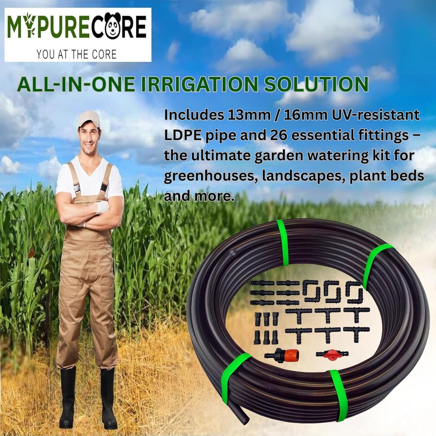 Irrigation Pipe 13mm / 16mm & 26-Pc Fittings Kit – LDPE Garden Watering Hose Set – Heavy Duty UV Resistant Tubing