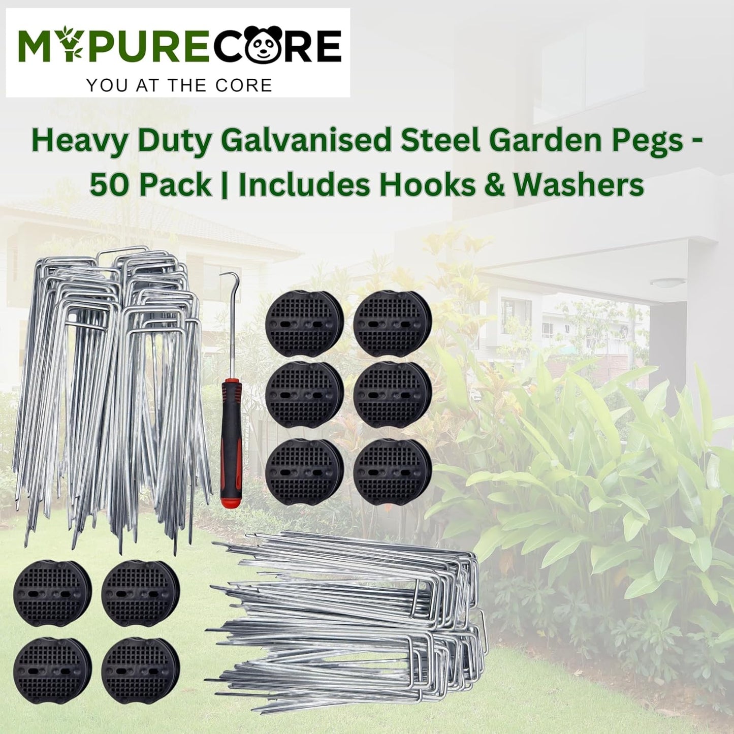 Garden Pegs with Rubber Mallet - 50 Pack Heavy Duty Galvanised Steel U-Shaped Ground Staples for Securing Weed Membrane, Artificial Grass, Fencing | Includes Hooks, Washers & Mallet