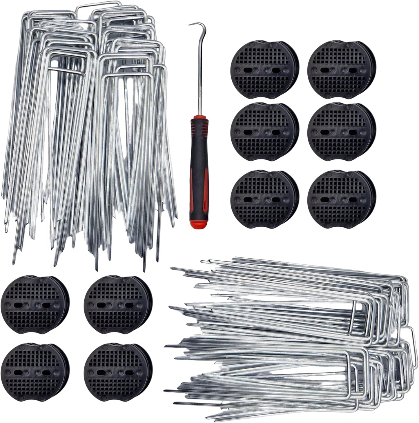 Garden Pegs with Rubber Mallet - 50 Pack Heavy Duty Galvanised Steel U-Shaped Ground Staples for Securing Weed Membrane, Artificial Grass, Fencing | Includes Hooks, Washers & Mallet