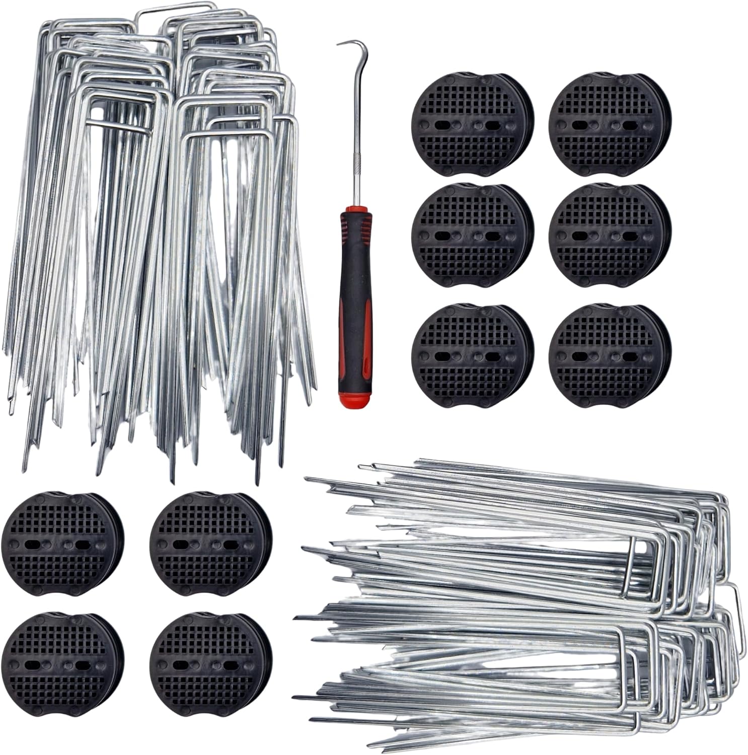 Garden Pegs with Rubber Mallet - 50 Pack Heavy Duty Galvanised Steel U-Shaped Ground Staples for Securing Weed Membrane, Artificial Grass, Fencing | Includes Hooks, Washers & Mallet