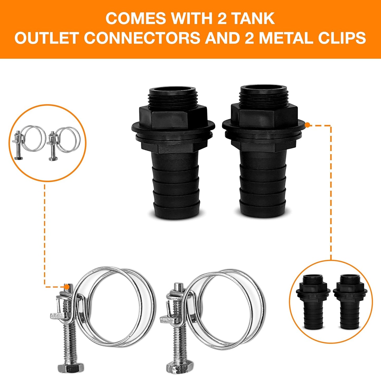 25mm 1 inch Water Butt Connector Kit – Heavy Duty Water Tank Outlet Connector Pack of 2 with 2 Double Wire Metal Clips