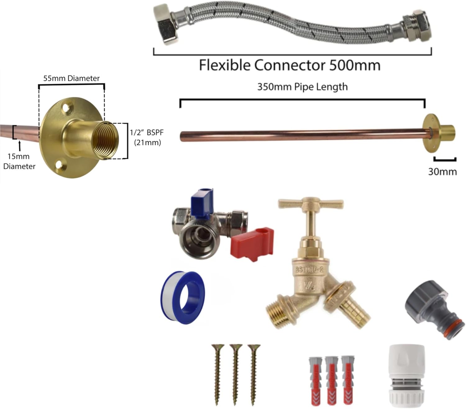 Complete Outdoor Tap Kit Brass Garden Bib Tap with Wall Plate, Flexi Hose, Isolating Tee, PTFE & Fixings - DIY Outside Tap Installation Kit for Hose, Jet Wash, Garden Water Access
