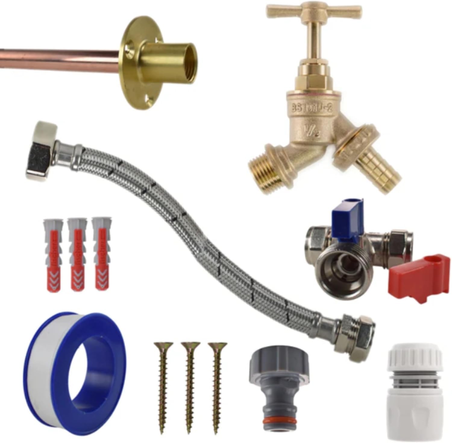 Complete Outdoor Tap Kit Brass Garden Bib Tap with Wall Plate, Flexi Hose, Isolating Tee, PTFE & Fixings - DIY Outside Tap Installation Kit for Hose, Jet Wash, Garden Water Access