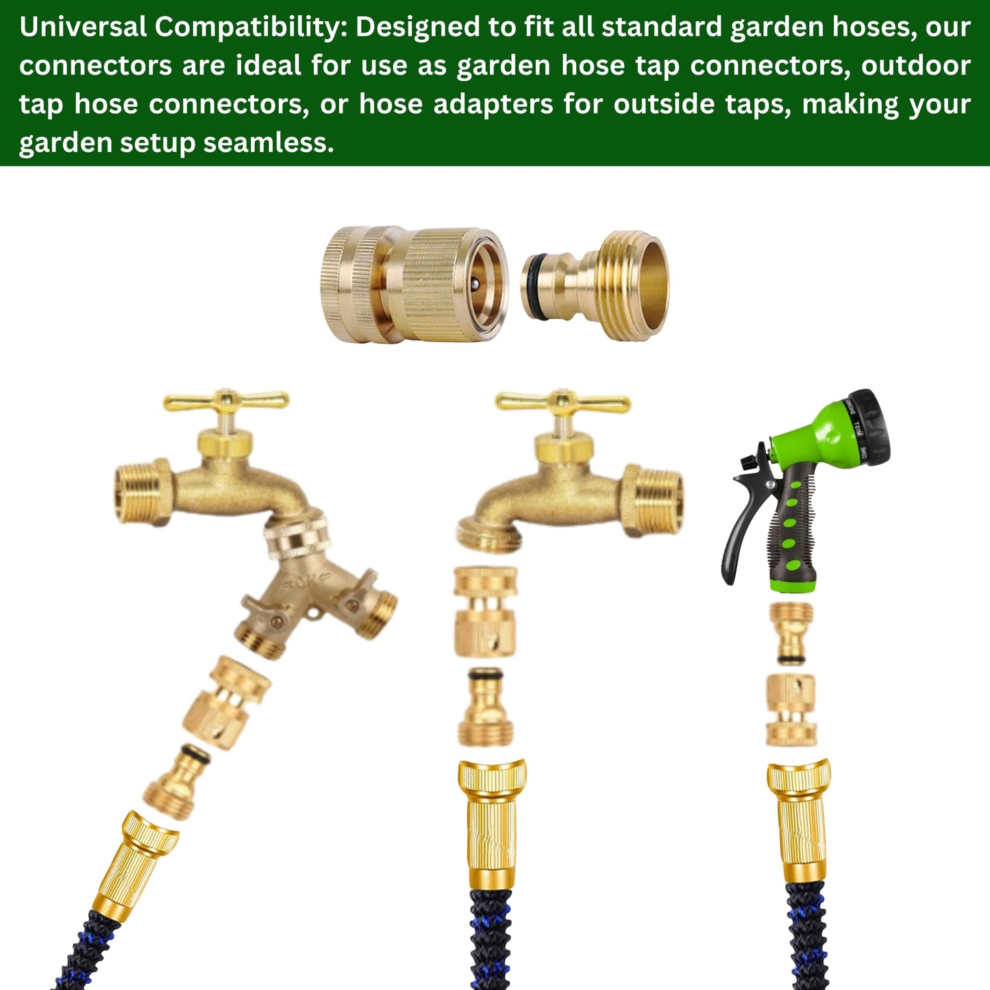 Brass Hose Connector Set - 3/4 Inch Female Thread Tap & Male Quick Connectors + PTFE Tape | Universal Outdoor Tap Adapter for Garden Hoses & Fittings | Leak-Free, Garden & Hose Accessories