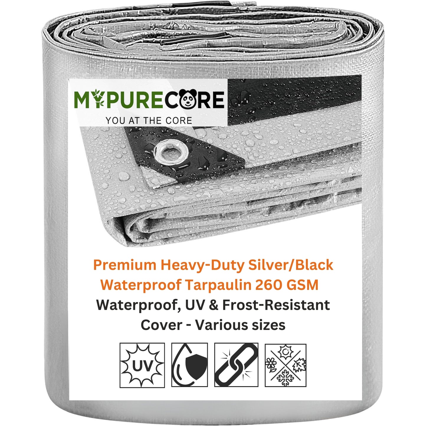 Premium Heavy-Duty Tarpaulin 260 GSM - Waterproof, UV & Frost-Resistant Cover - Versatile for Camping, Garden, Gazebo, Trailer - Silver/Black Sheet with Reinforcement Edge