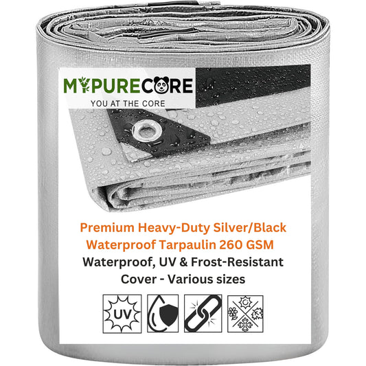 Premium Heavy-Duty Tarpaulin 260 GSM - Waterproof, UV & Frost-Resistant Cover - Versatile for Camping, Garden, Gazebo, Trailer - Silver/Black Sheet with Reinforcement Edge